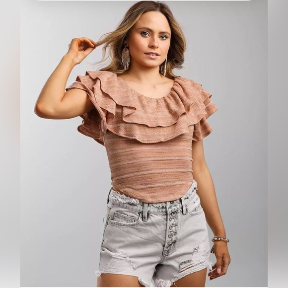 NWT Free People "Heirloom" Slub Knit Ruffle Top in "Doe Combo" Blush Pink size L - Picture 2 of 8